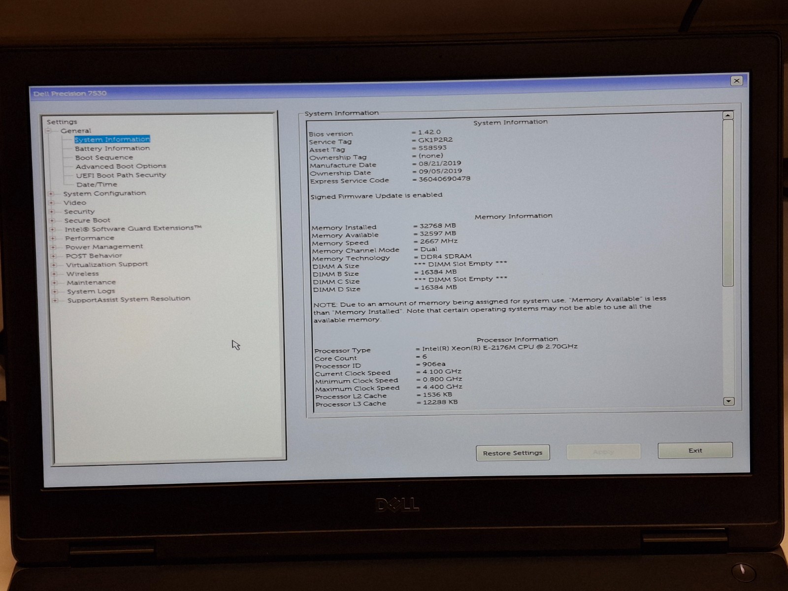 Dell Precision 7530 XEON E-2176M 2.70GHz 32gb ram 512 SSD NVMe Wifi Win 11 Pro