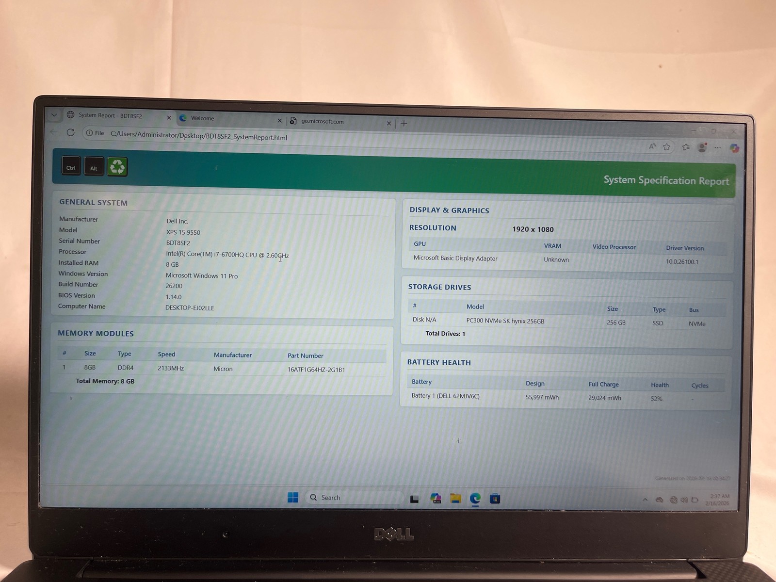 Dell XPS 15 9550 i7-6700HQ 8GB 256GB NVMe SSD 15.6″