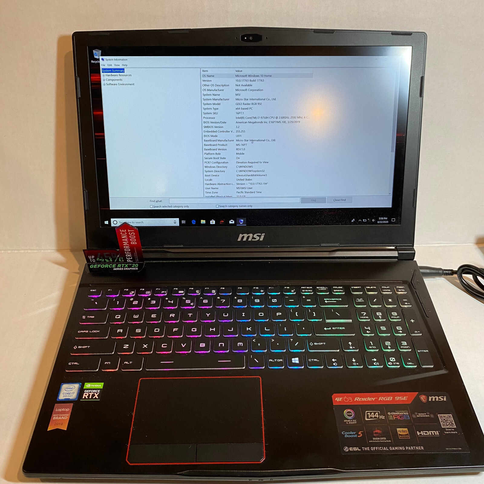 MSI GE63 Raider RGB 9SE Gaming Laptop GeForce RTX 2060, i7-9750H, 32GB RAM, SSD