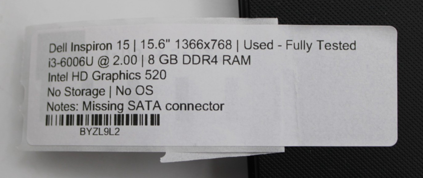 Dell Inspiron 15 3572 i3-6006U@2.0GHz 8GB DDR4 NO STORAGE/OS *USED/TESTED*