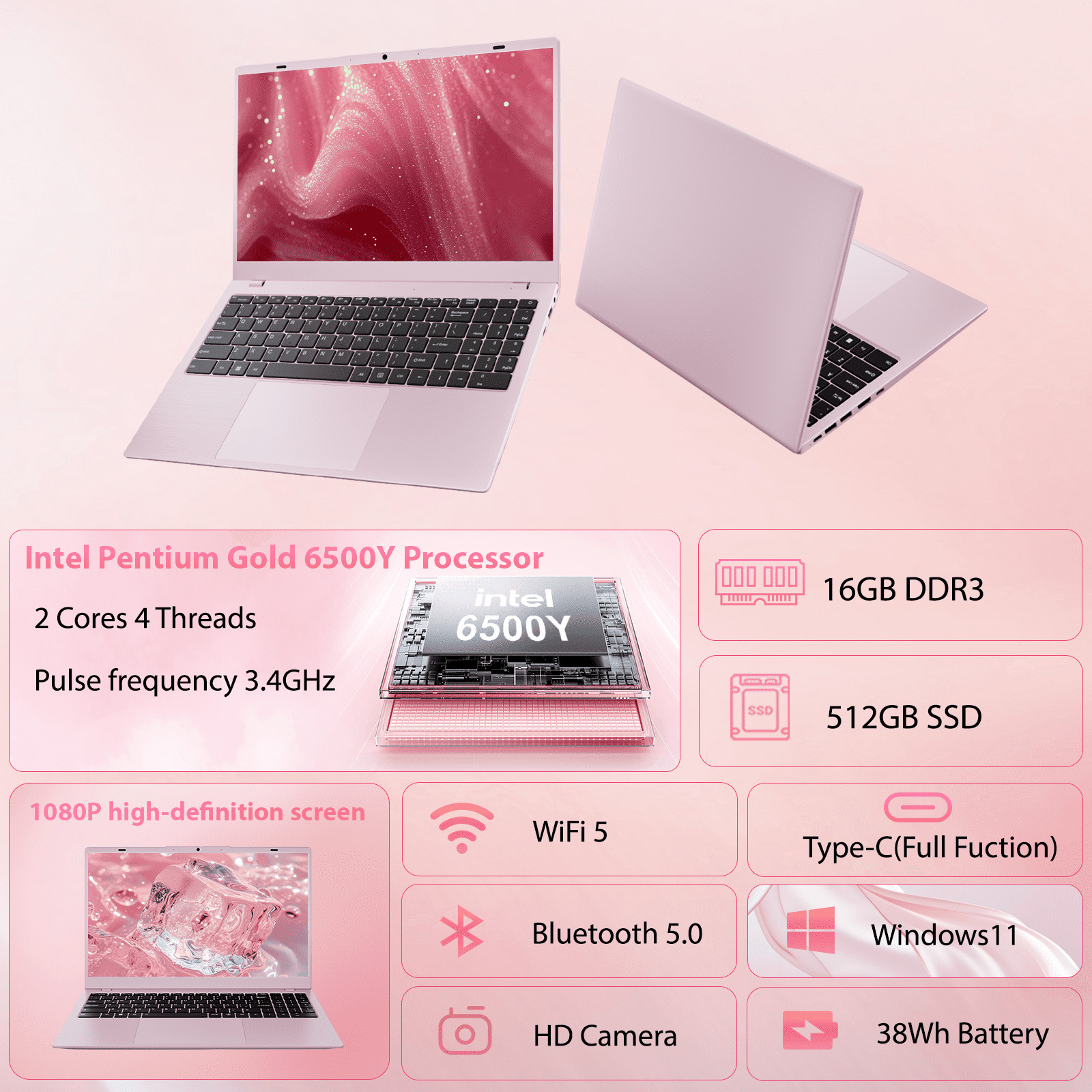 RNRUO 15.6″ Laptop, Intel Pentium Gold 6500Y Dual-Core 3.4GHz, 16GB RAM, 512GB