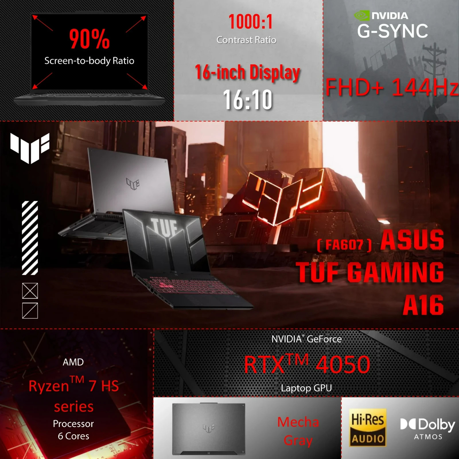 Asus TUF A16 Gaming Laptop 16″ RTX 4050 AMD Ryzen 7 7445HS 16GB RAM 512GB SSD