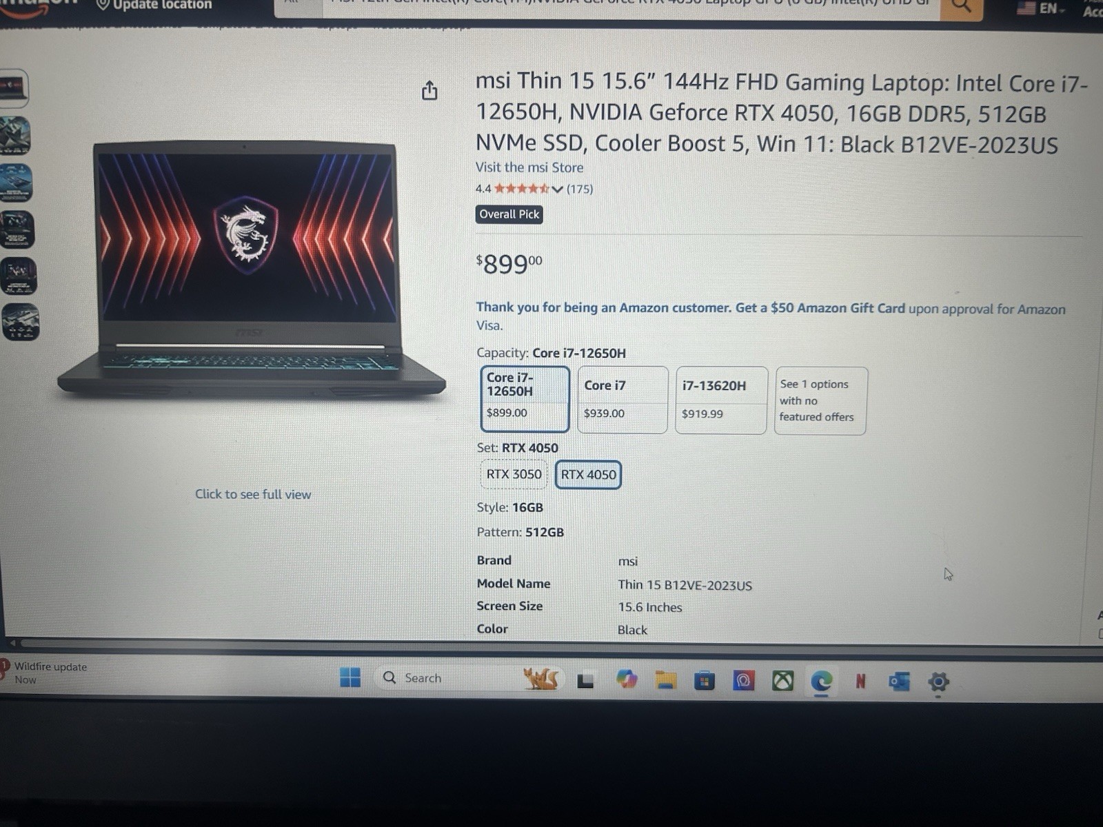 MSI Thin 15 B12VE-2023US 15.6″ FHD i7-12650H RTX 4050 16GB 512GB SSD Win11 Black