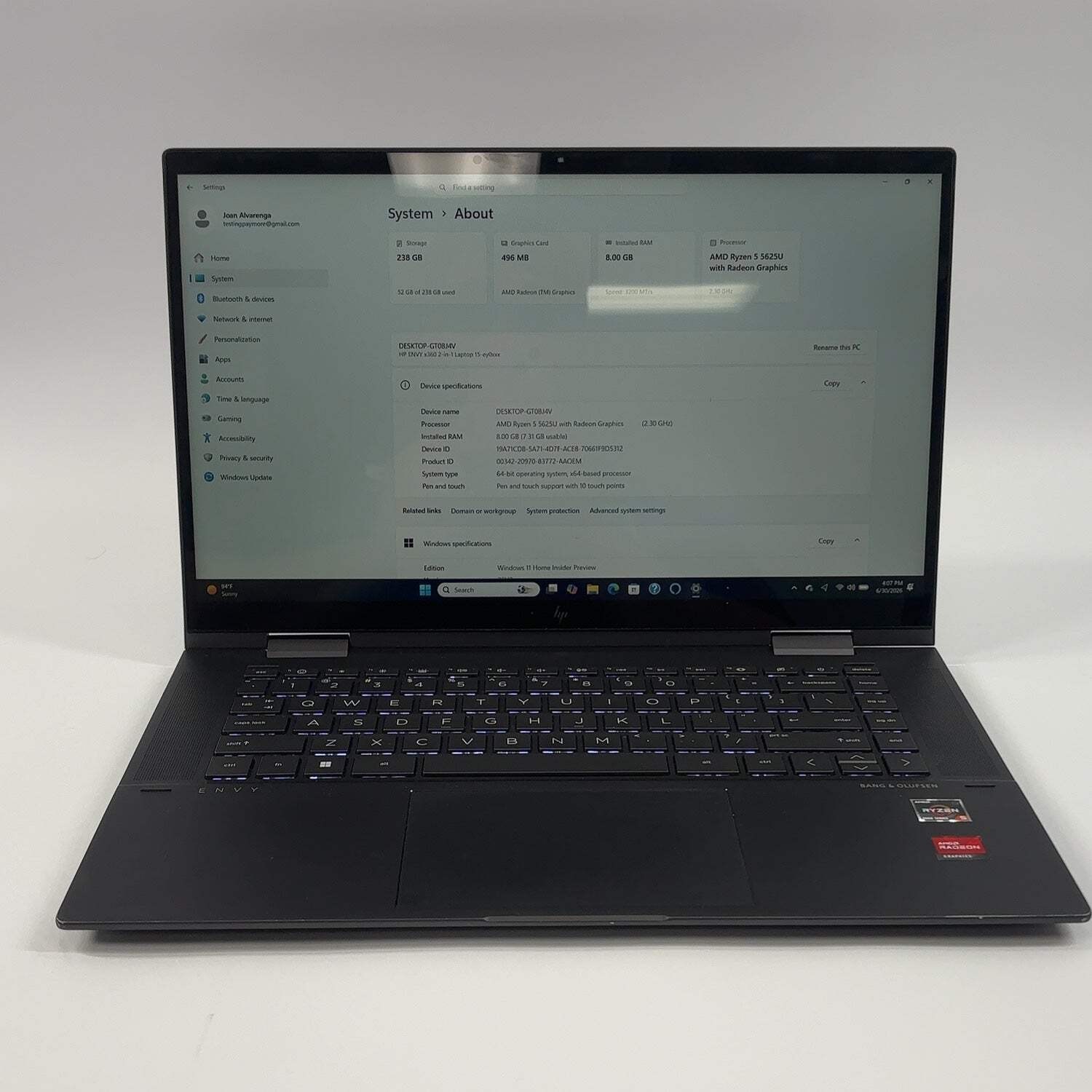 HP Envy x360 15-EY0013DX 15″ RYZEN 5 5625U 2.3GHz 8GB RAM 256GB SSD