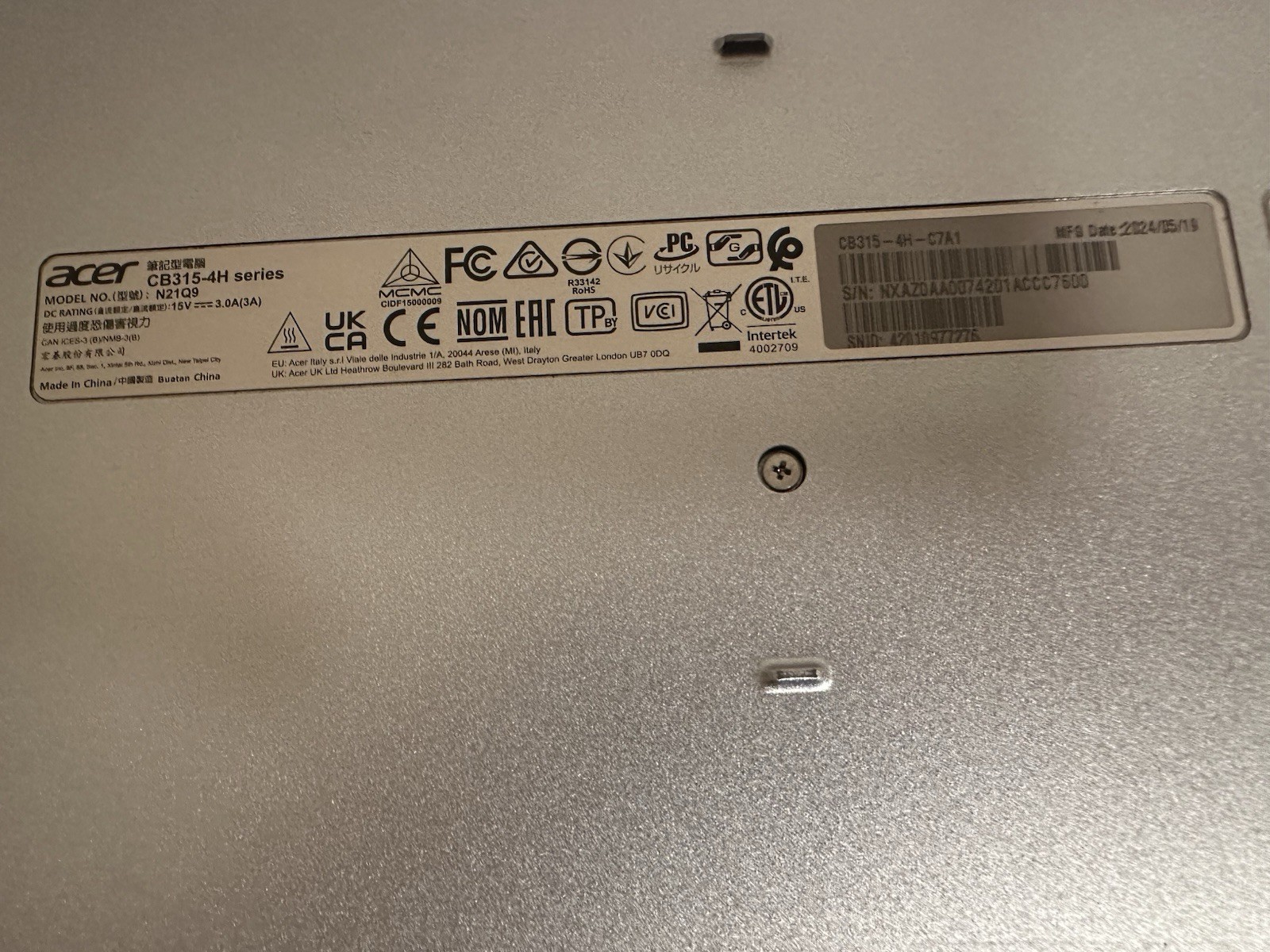 Acer Chromebook CB315-4H Model #: N21Q9