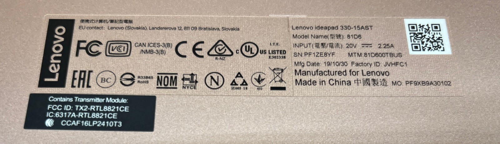 Lenovo Ideapad 330-15AST , AMD A9-9425 @3.1-GHz, 8GB RAM, 256GB SSD, W10P