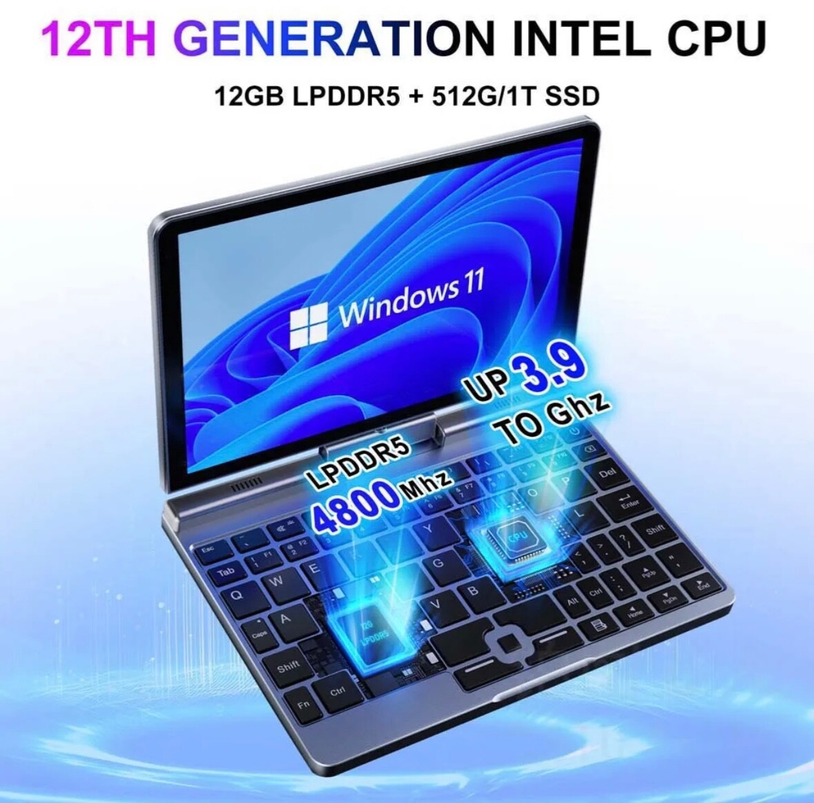 3 in 1 Win 11/10 Micro Laptop Intel Notebook 8″ Touch 12G RAM 256GB SSD