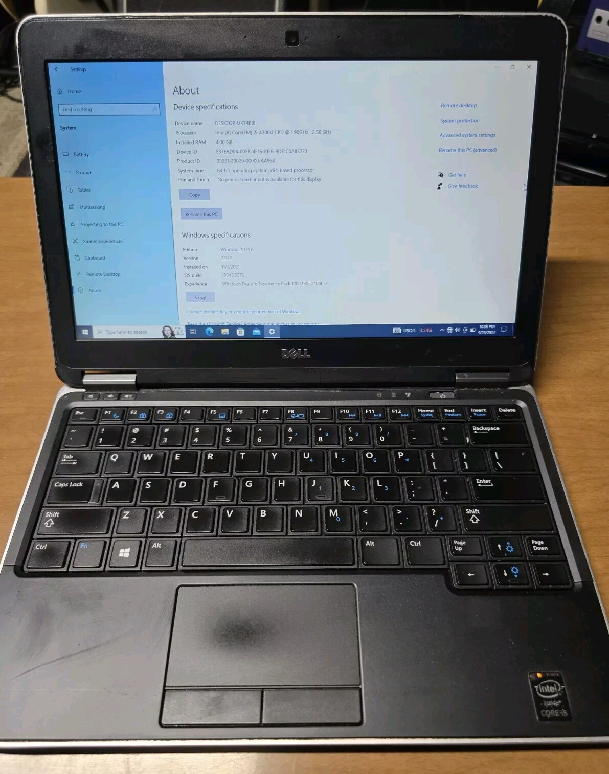 Dell 7240 12″ i5-43000U 2.5GHz, 4GB Ram 118GB SSD, Win 10 Pro *NO CHARGER*