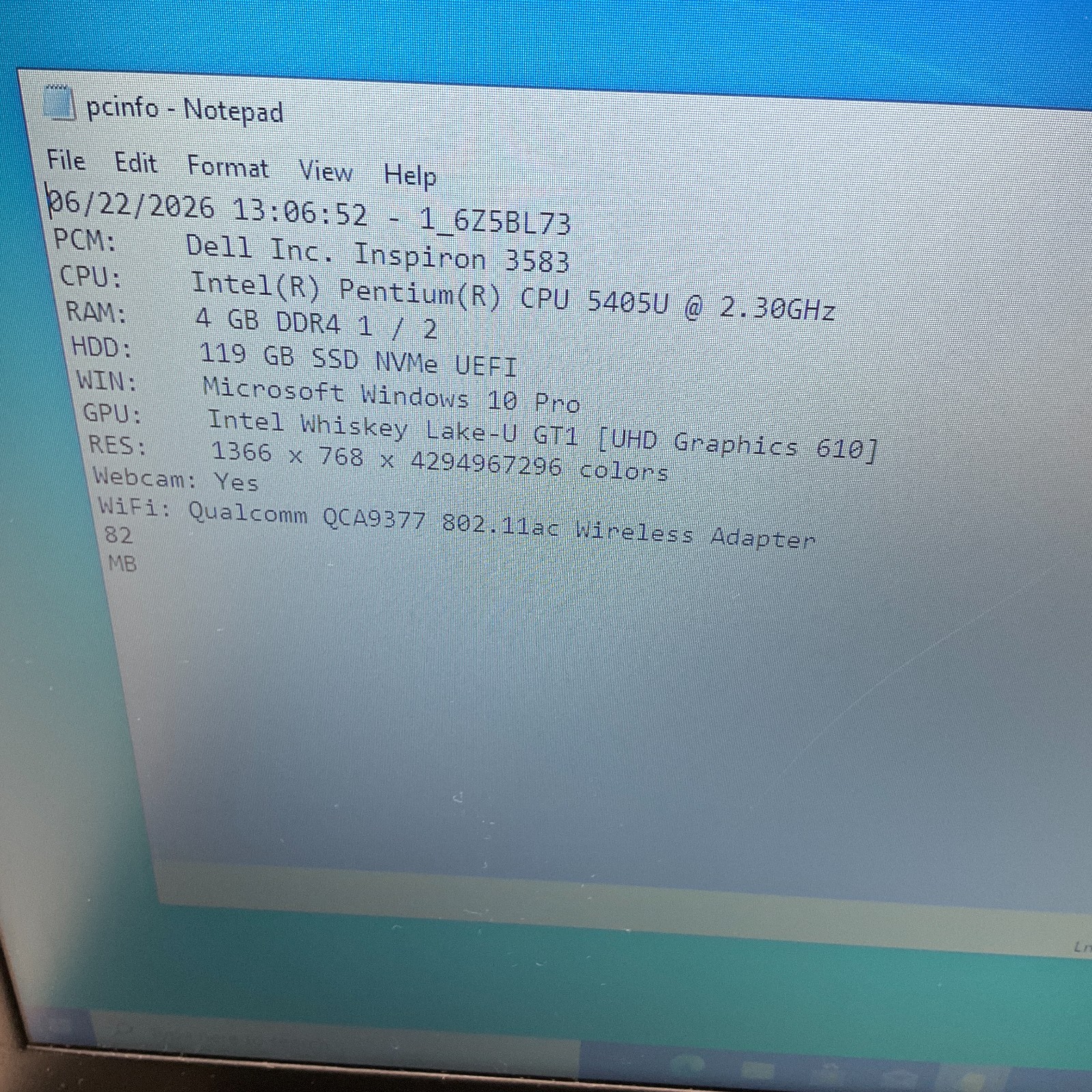 Dell Inspiron 3583, Intel Pentium Gold 5405 @2.30Ghz, 4GB RAM 128GB SSD Win 10