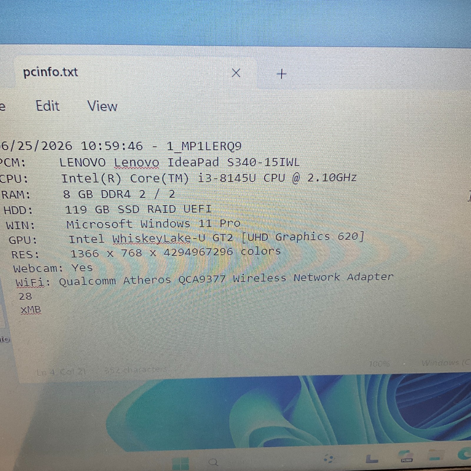 Lenovo IdeaPad S340-15IWL 15″ Core i3-8145U 2.10GHz 8GB RAM 128GB SSD Windows 11