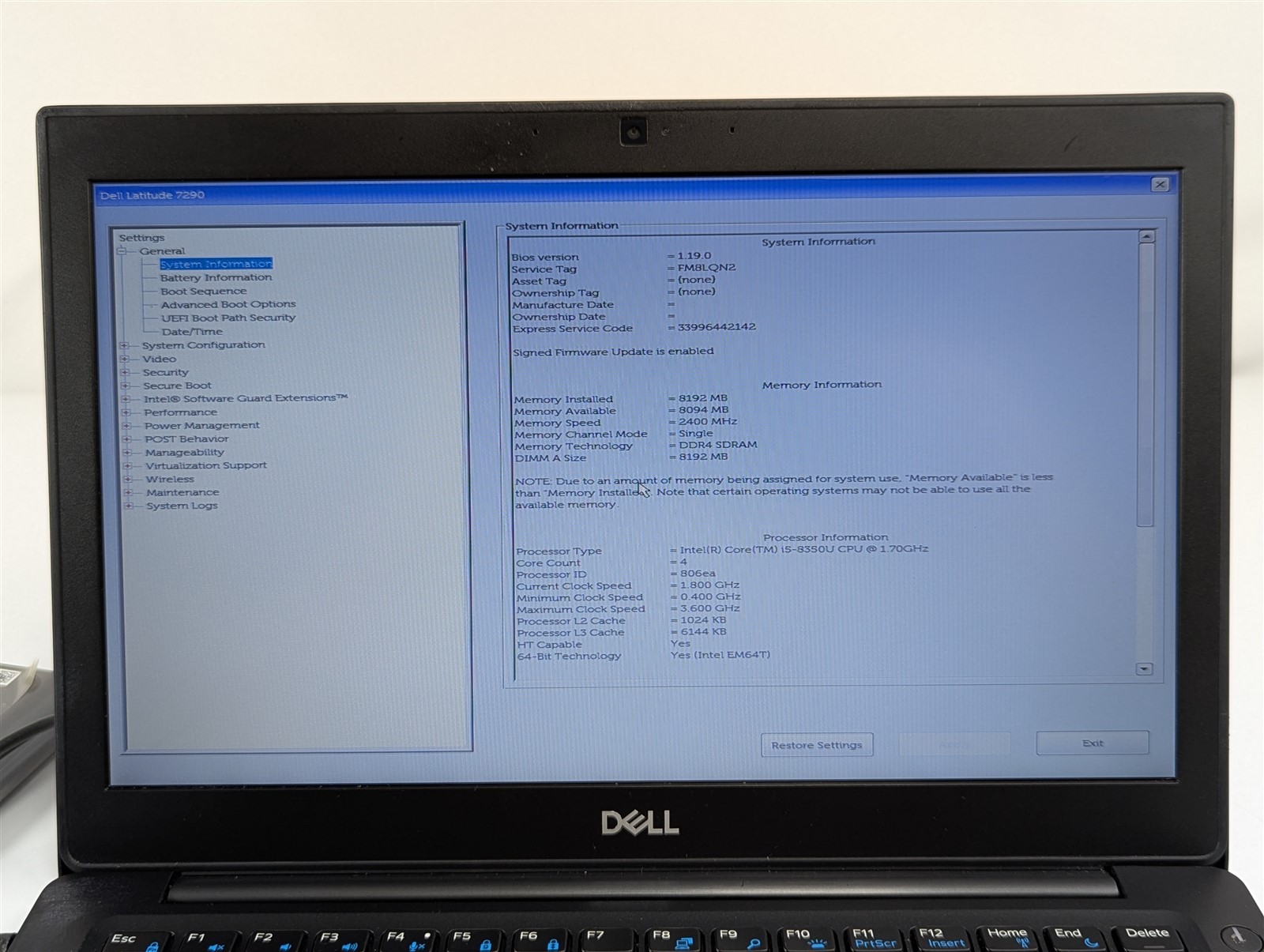 Dell Latitude 7290 2017 12.5” i5-8350U 1.7GHz 8GB RAM 256GB SSD HD