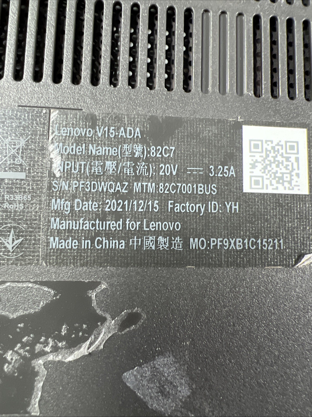 LENOVO V15-ADA AMD ATHLON GOLD 3150U 8GB RAM **NO HD/ NO CADDIE/ NO OS