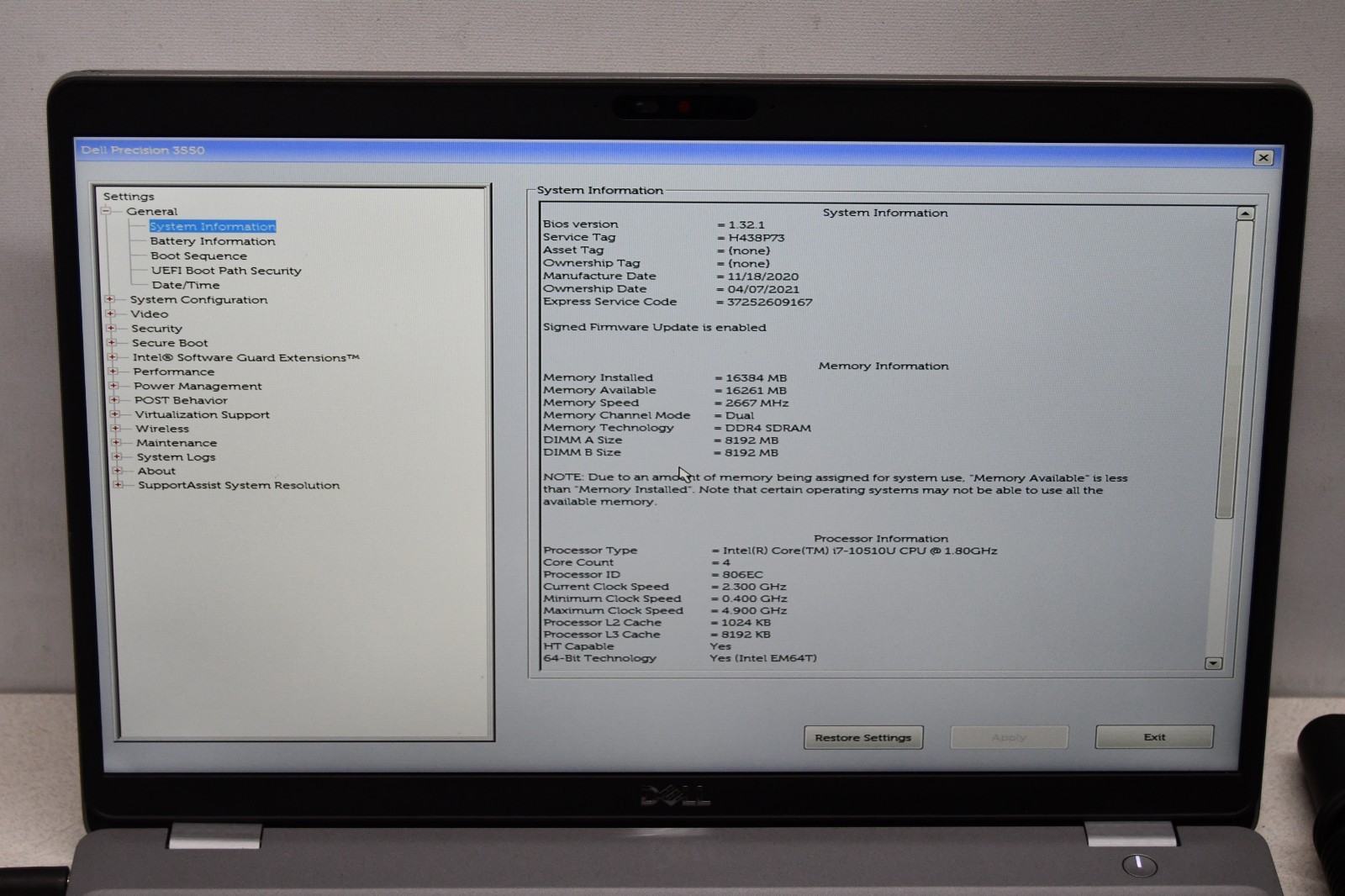 ^ Dell Precision 3550 15.6″ Intel i7-10510U @ 1.80GHz 16GB Ram No HD #X6999