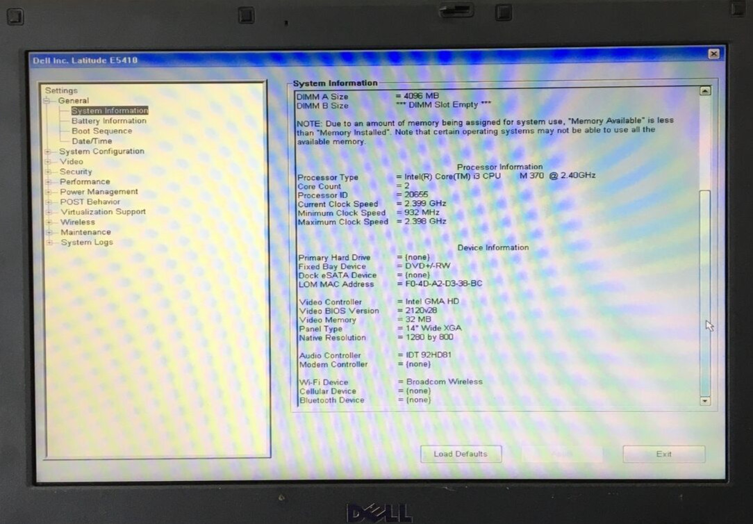 Dell Latitude E5410 Core i3 CPU M700 2.39GHz 4GB RAM. NO HDD. Boot to BIOS