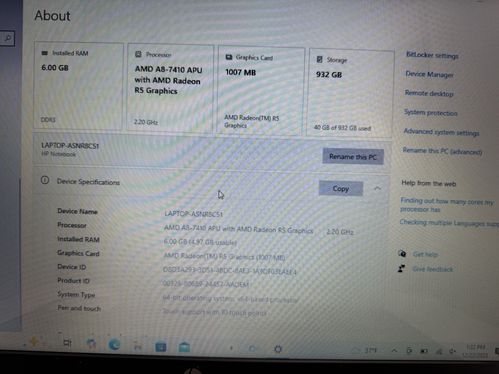 HP 15-BA030NR 932GB 6GB RAM 1007MB AMD Radeon R5 Graphics A8-7410 APU @ 2.20GHz