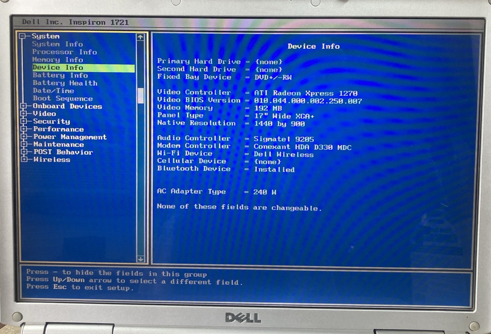 Dell Inspiron 1721 AMD Dual-Core 1.8GHz 2 GB NO HDD Boot to BIOS