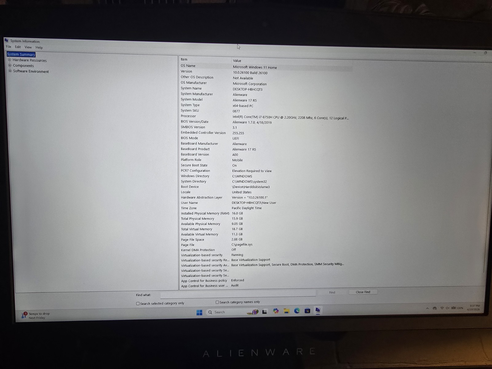 Alienware 17 R5 Laptop I7-8750H, 16GB RAM, GTX 1070, 1TB HDD/512 SSD