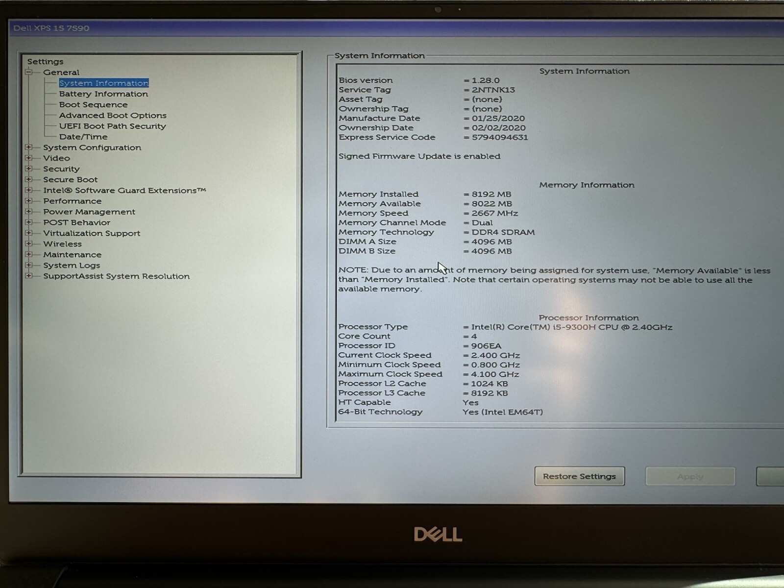 Dell XPS 15 7590 Intel Core i5-9300H 4.10 GHz(Max) 8GB RAM, 256GB SSD Win 11 PRO