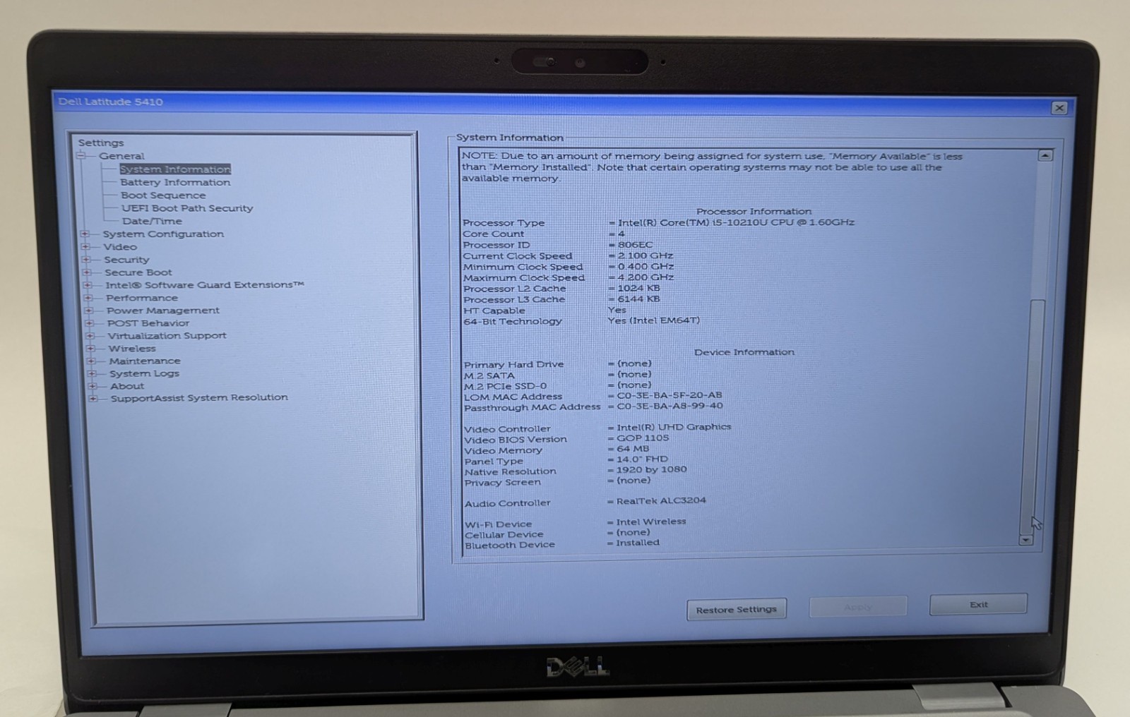Incomplete Dell Latitude 5410 14″ Laptop Intel Core i5-10210U 1.60GHz 8GB RAM