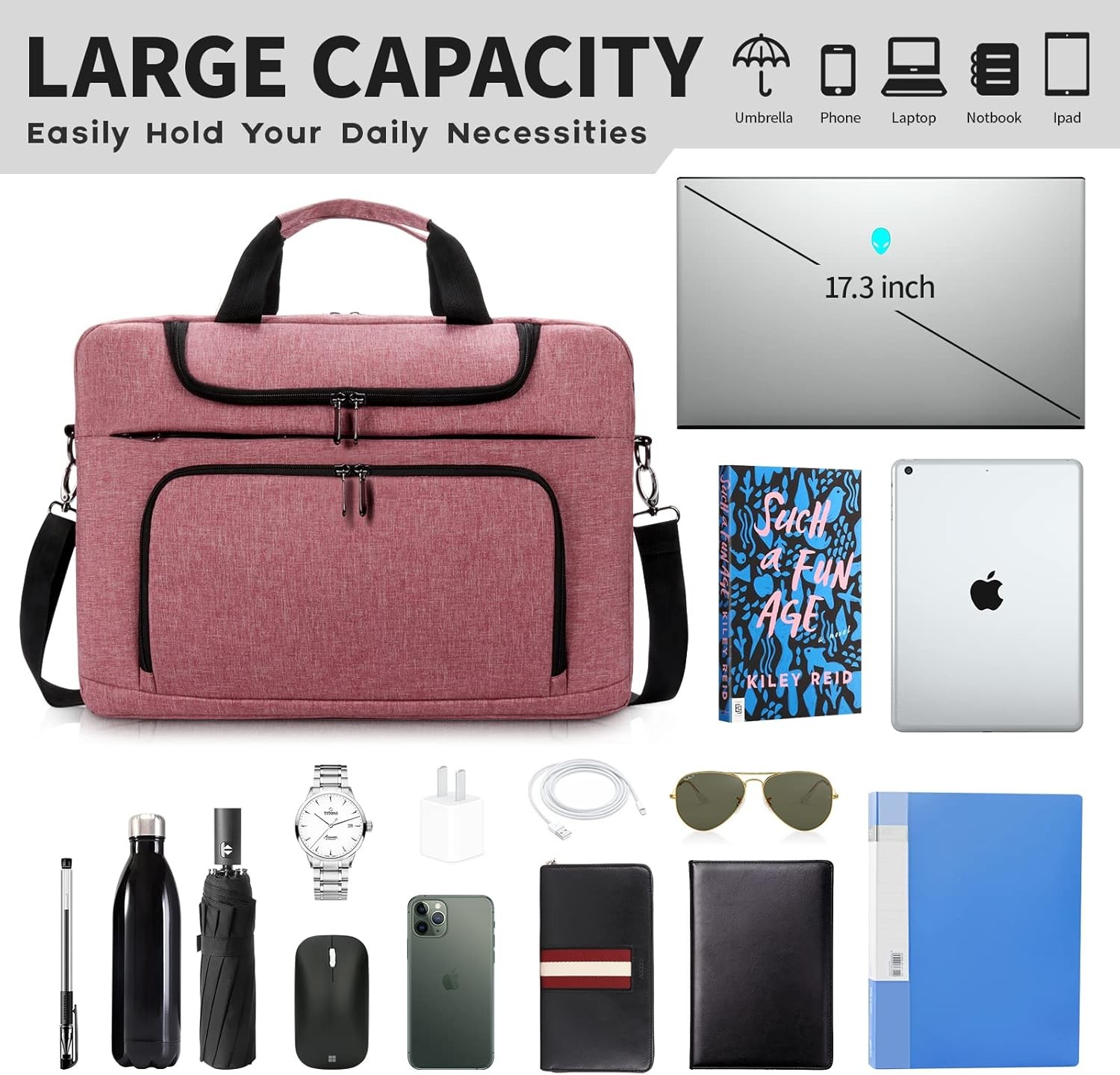 Sleeve for 17 17.3 inch Laptop Bag w/Shoulder Strap, Rose Red for Work Travel