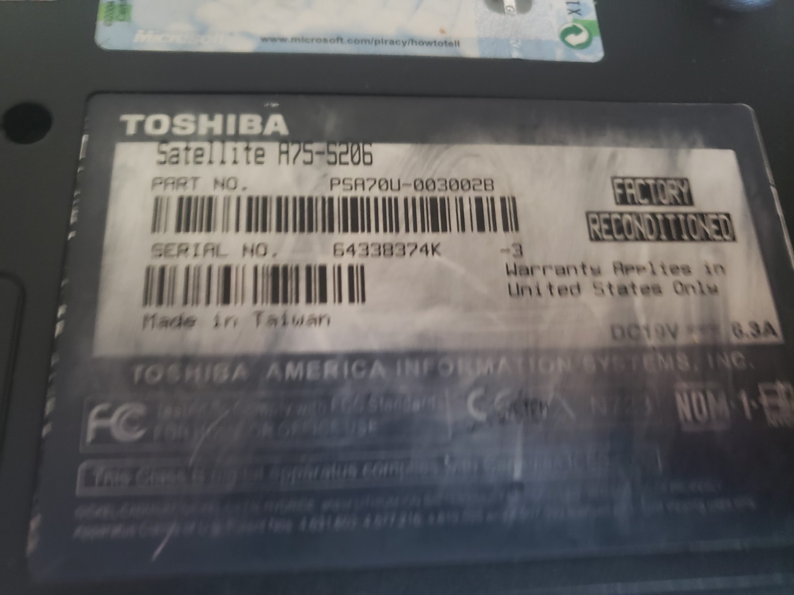 Toshiba Satellite A75-S206 15.4″ Intel Pentium 4 2.8GHZ 1GB Ati 9100 40GB WinXP