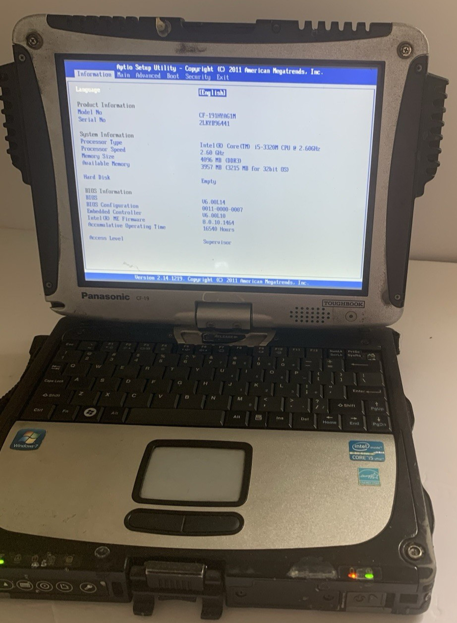 Panasonic CF-19 Core i5-3320M 2.6GHz 8GB NO HDD / MK6 Boot TO BIOS