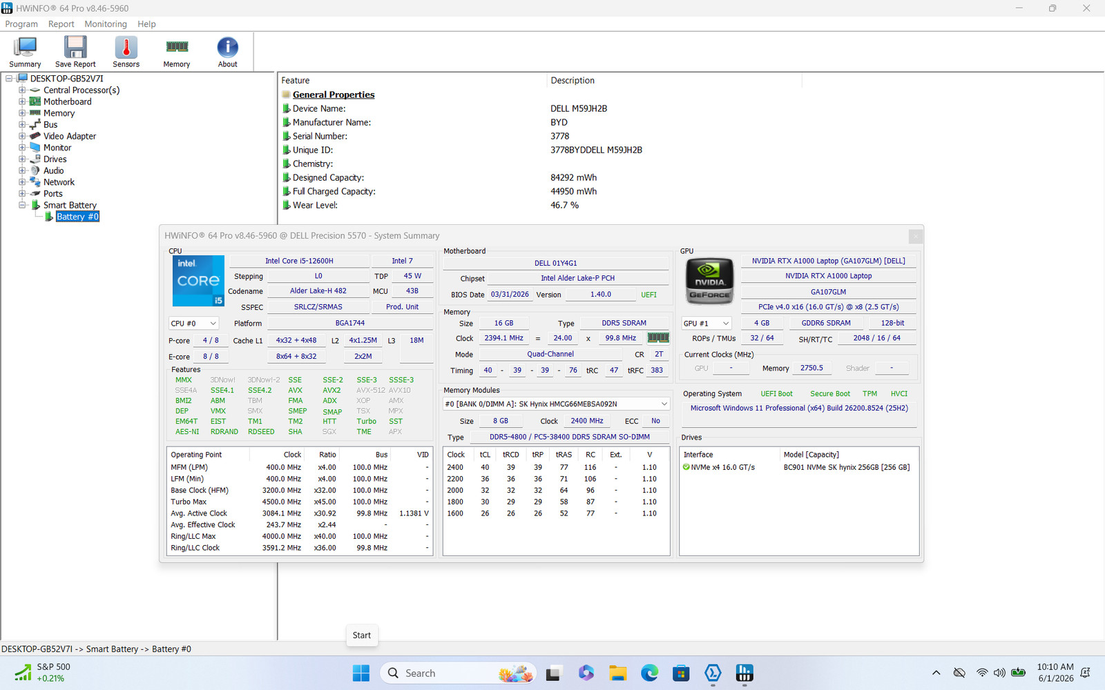 Dell Precision 5570 16″ FHD+ I5-12600H 256GB SSD 16GB W11P RTX A1000 IRCam