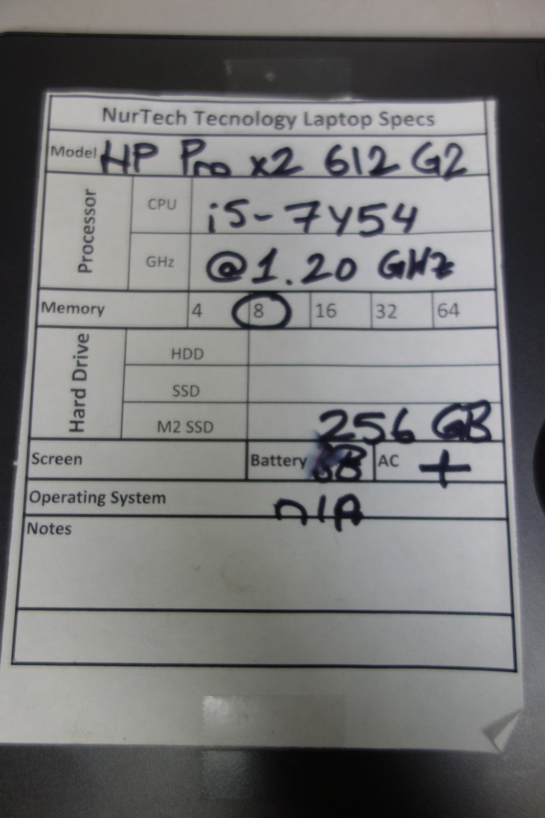 HP Pro x2 612 G2 12″ i5-7Y54 1.2GHz 8GB/256GB m2 SSD [NO OS] Tablet [BAD BTRY]AC