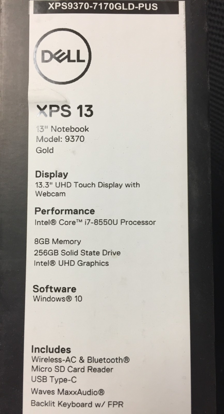 Dell XPS 13 9370 XPS9370-7170GLD 13.3″ Touch Laptop/i7-8550U/8GB/256GB SSD/W10 H