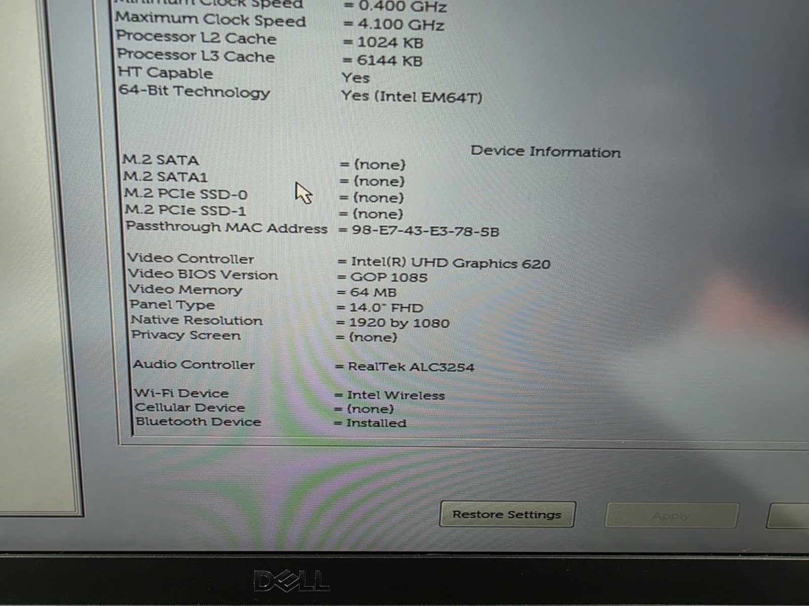 Dell Latitude 7400 FHD Core i5 8365U 1.60GHz/ 4GB RAM NO HDD/BATTERY
