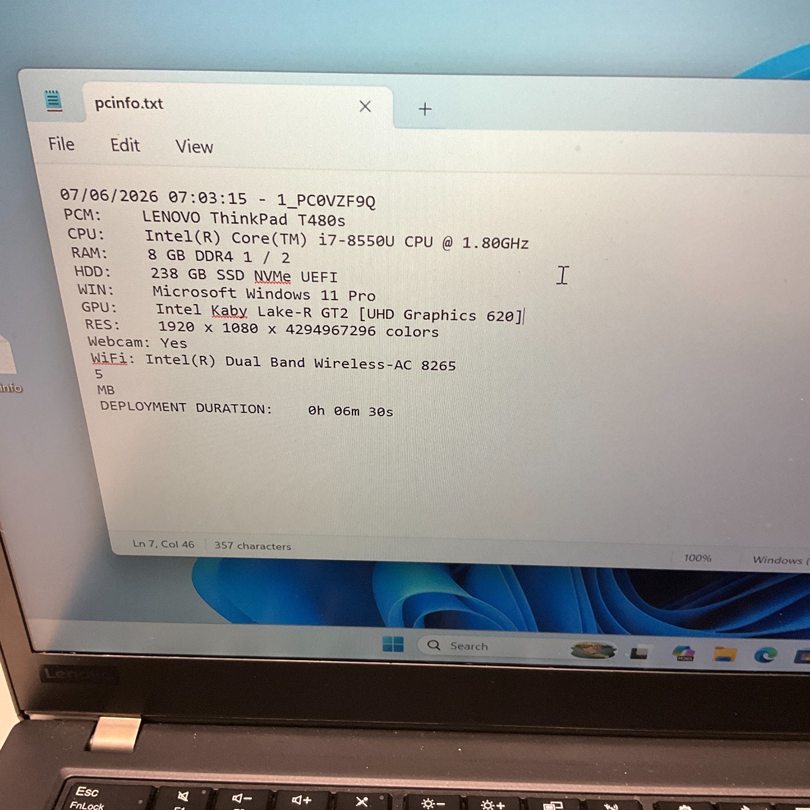 Lenovo ThinkPad T480s Intel i7-8th Gen 1.90GHz 8GB RAM 256GB SSD Windows 11 Pro