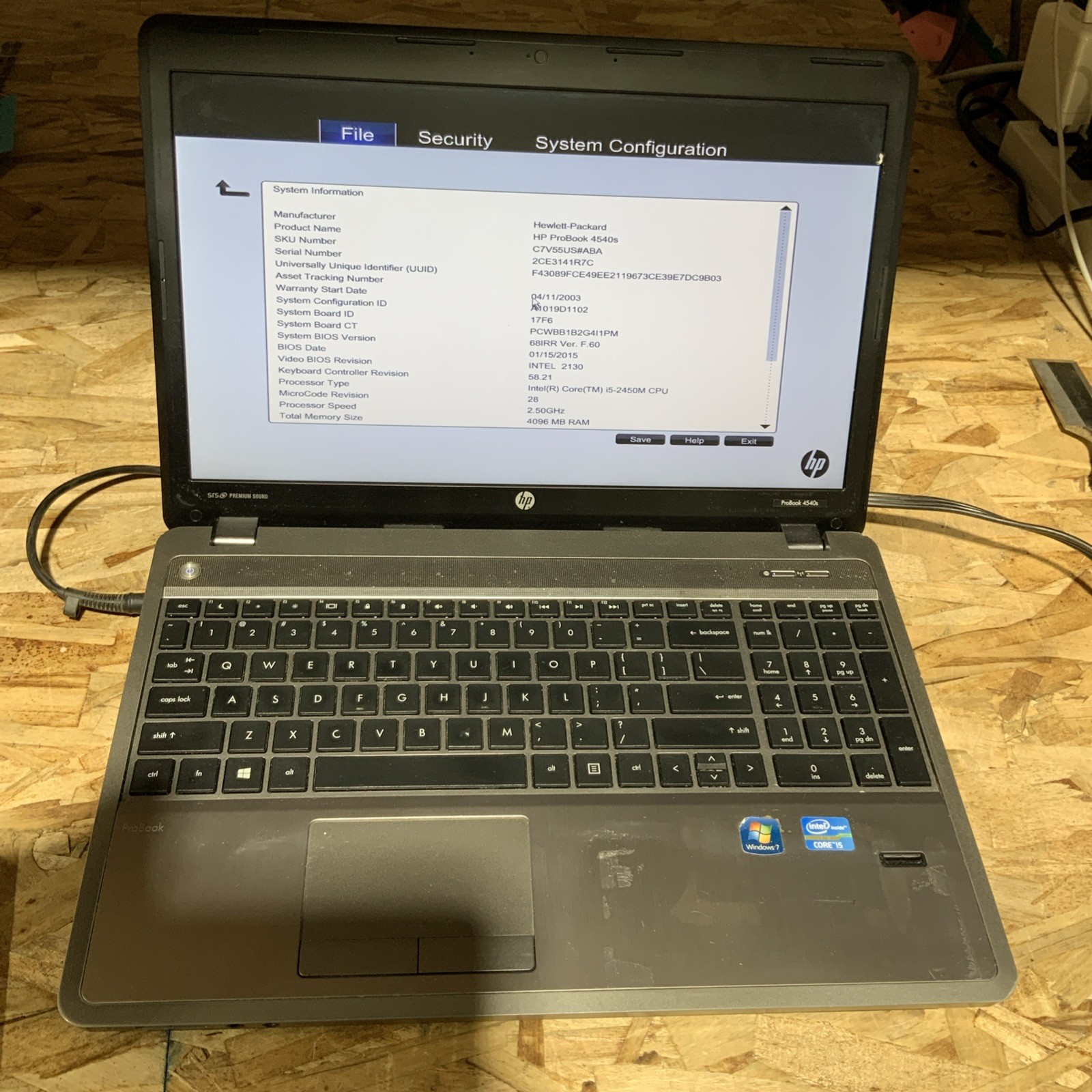 HP ProBook 4540s i5-2450M 2.5GHz, 4GB Ram 320 GB HDD NO OS C218