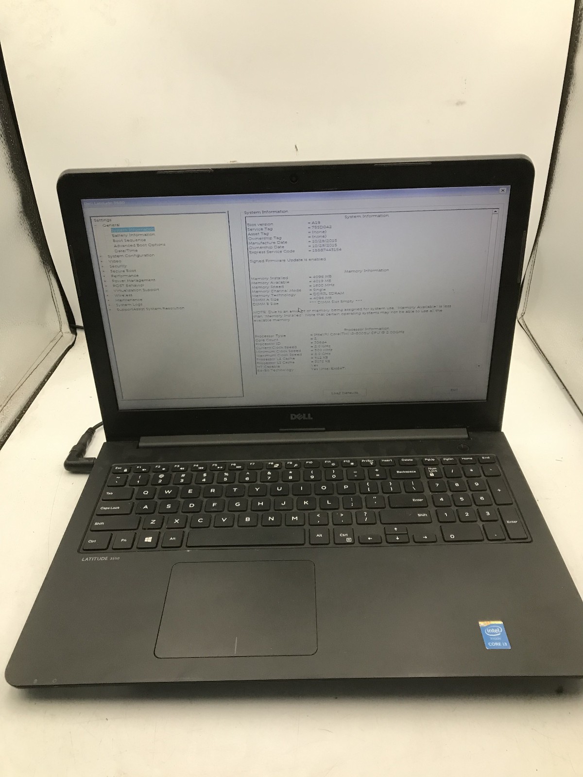 DELL LATITUDE 3550 – BOOTS TO BIOS – INTEL I3 6005U – NO RAM – READ DESCRIP – BB