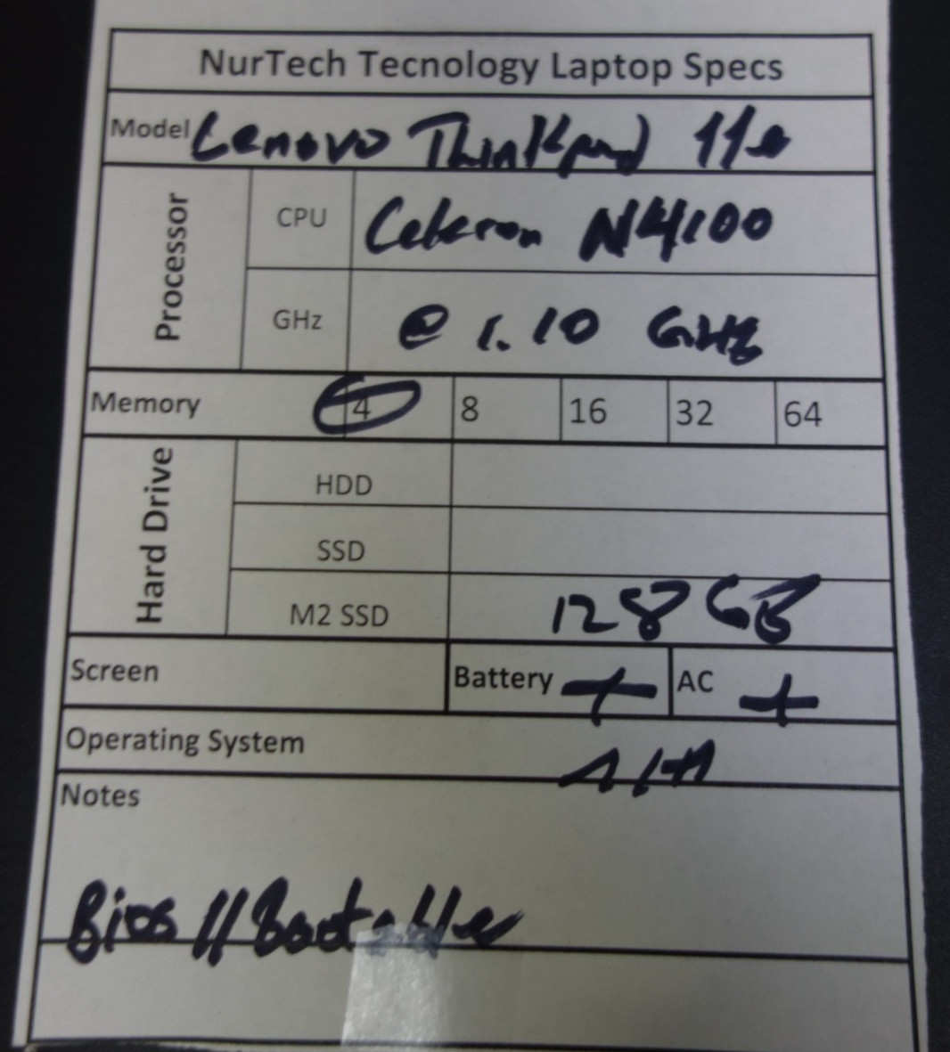 Lenovo ThinkPad 11e 11″ Celeron N4100 1.1GHz 4GB/128GB m2SSD Laptop[BIOS|NO OS]