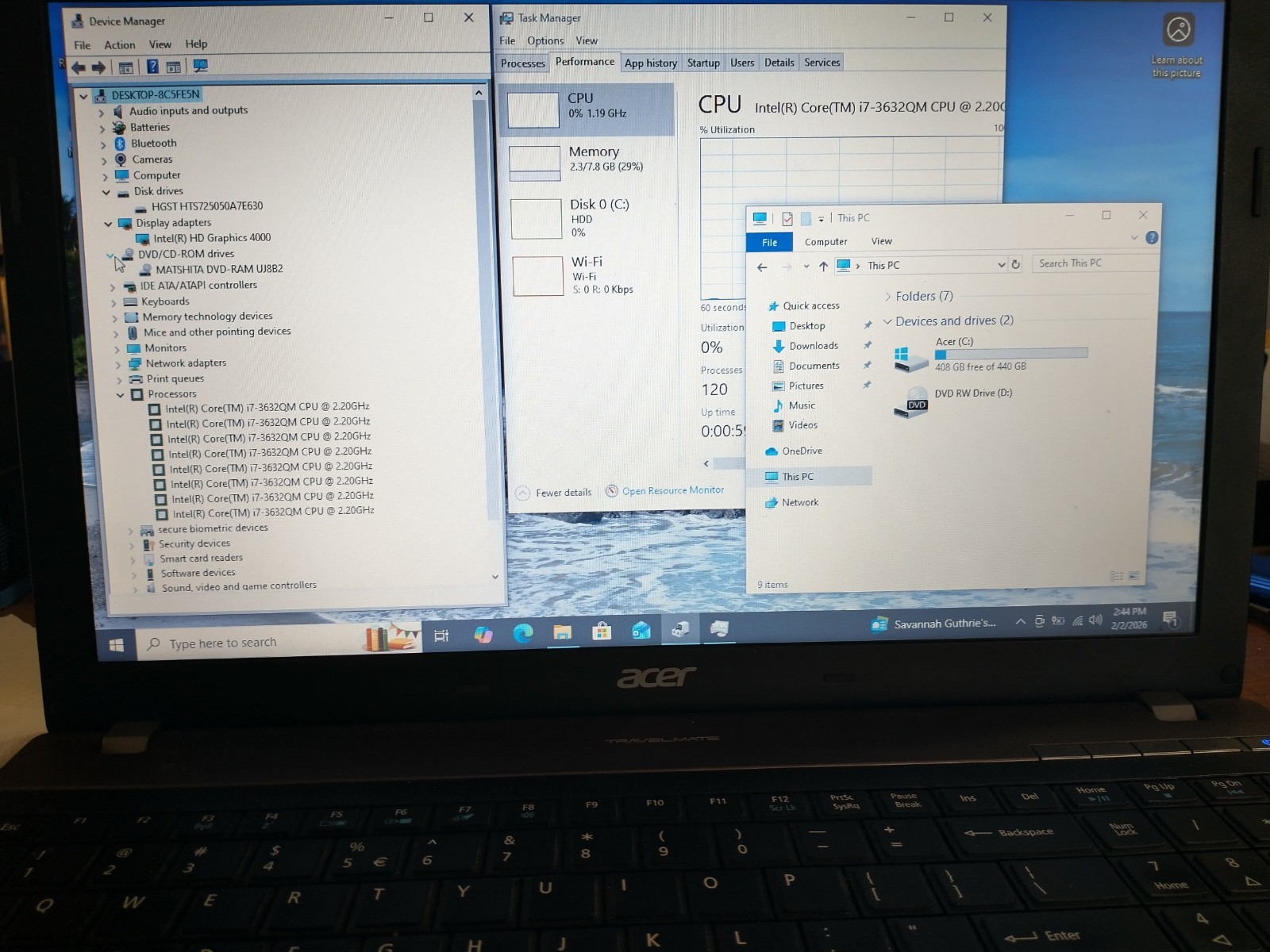 Acer Travelmate P653-M i7-3632QM @2.2GHz 8G RAM 500G HDD W10P