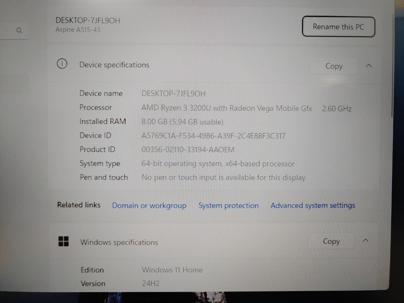 Acer Aspire 5 A515-43 15.6″ FHD AMD Ryzen 3 3200U✔8GB✔128GB SSD✔Win11✔**NO A/C**