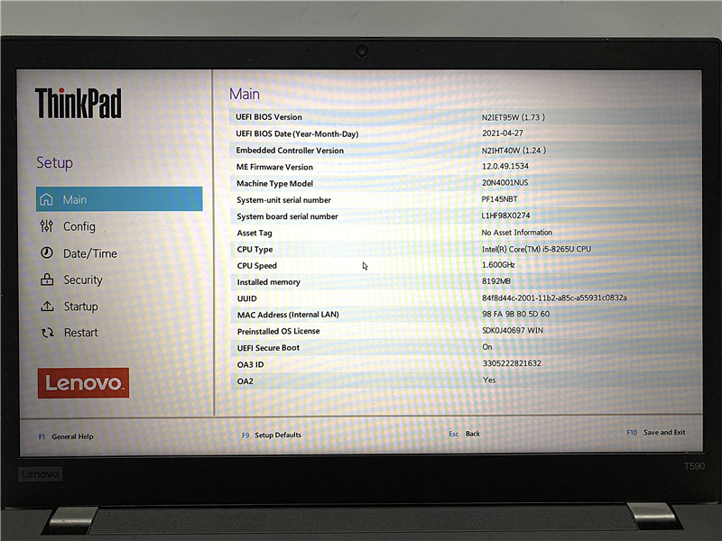 Lenovo ThinkPad T590 Laptop i5 8265U 1.6GHz 8GB No SSD Win10 Pro COA