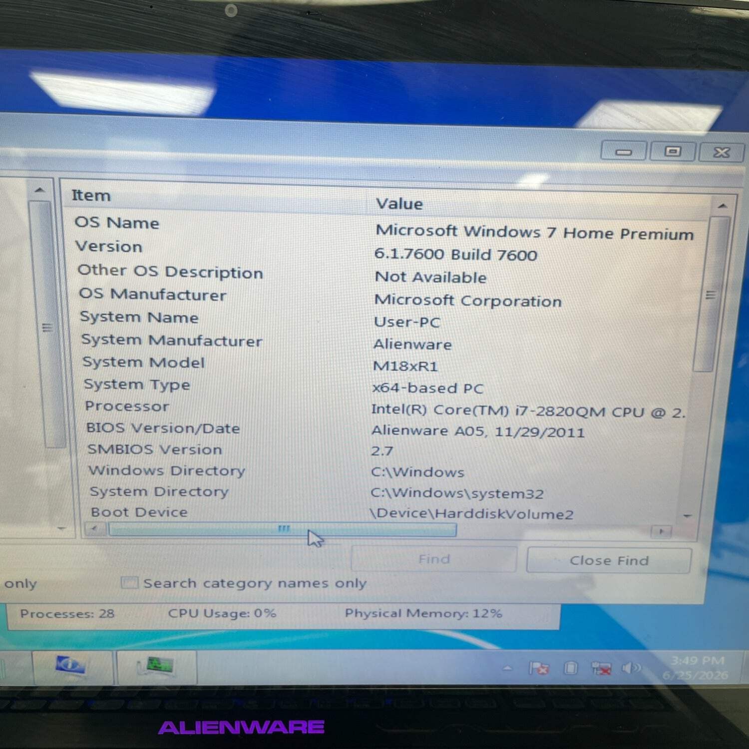 Alienware M18 18.4 i7-2820QM 2.3GHz 8GB RAM 500GB SSD