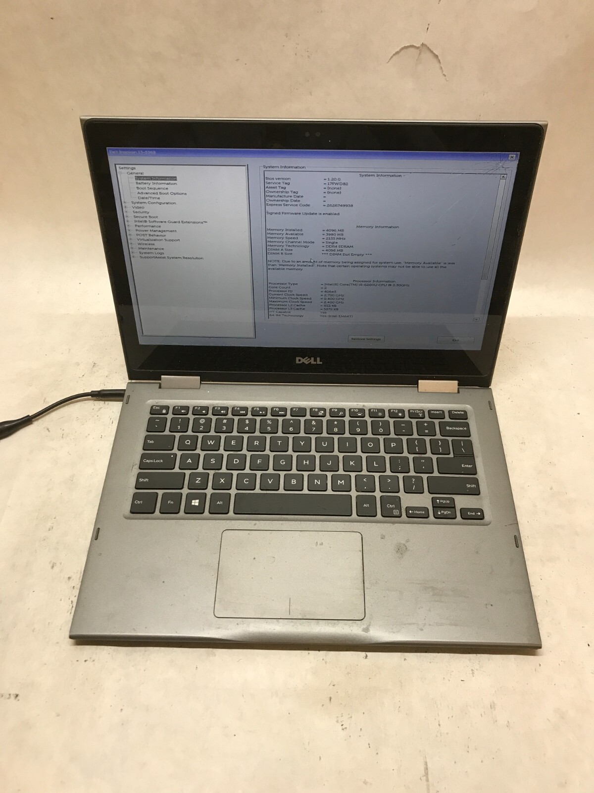 Dell Inspiron 13-5368 13″ Intel i5-6200U 4GB RAM NO HDD/OS Cracked For Parts -DW