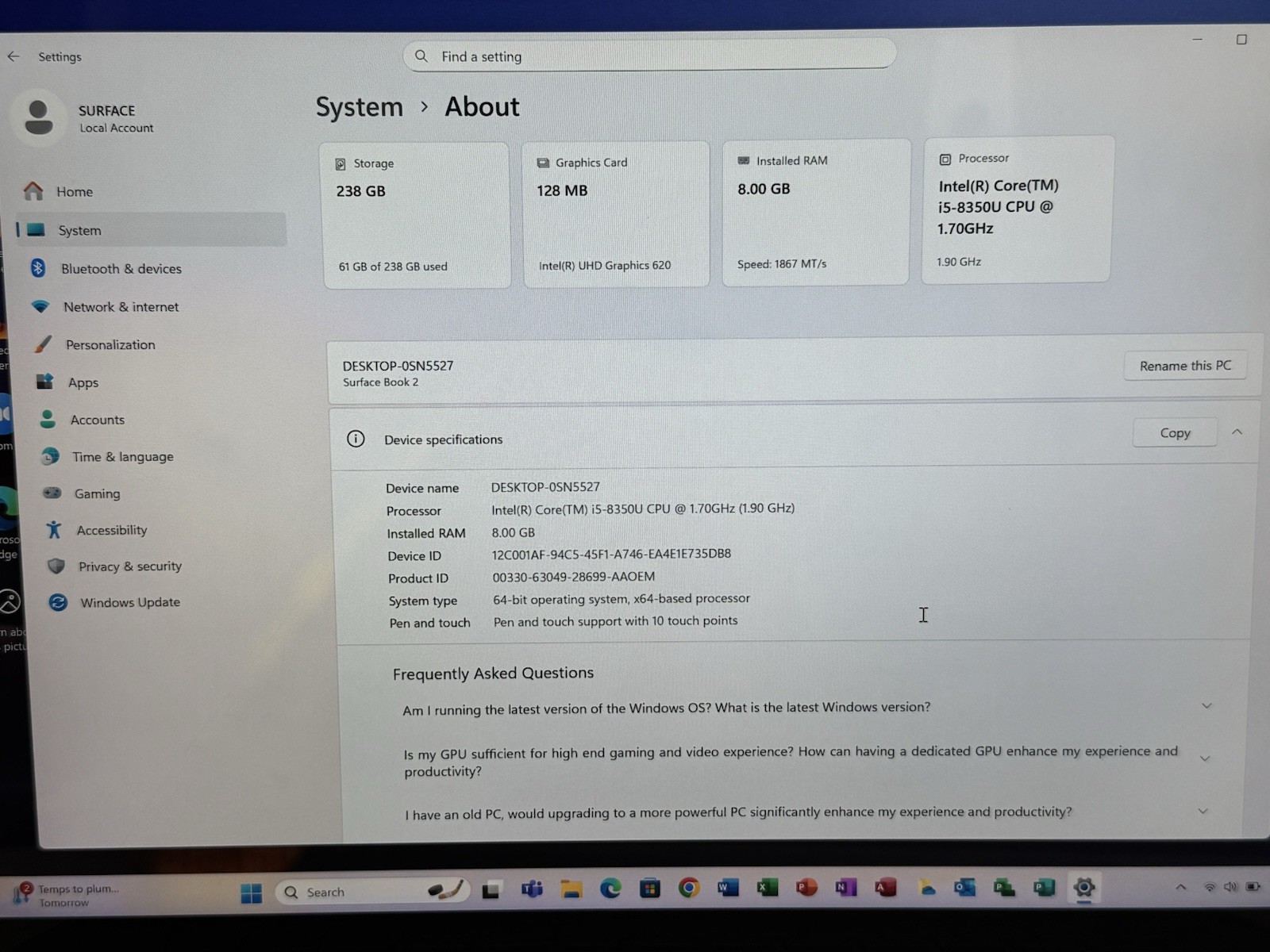 Microsoft Surface Book 2 13.5” i5 8350U 1.7GHz 8GB RAM 256GB 2 In 1 Laptop