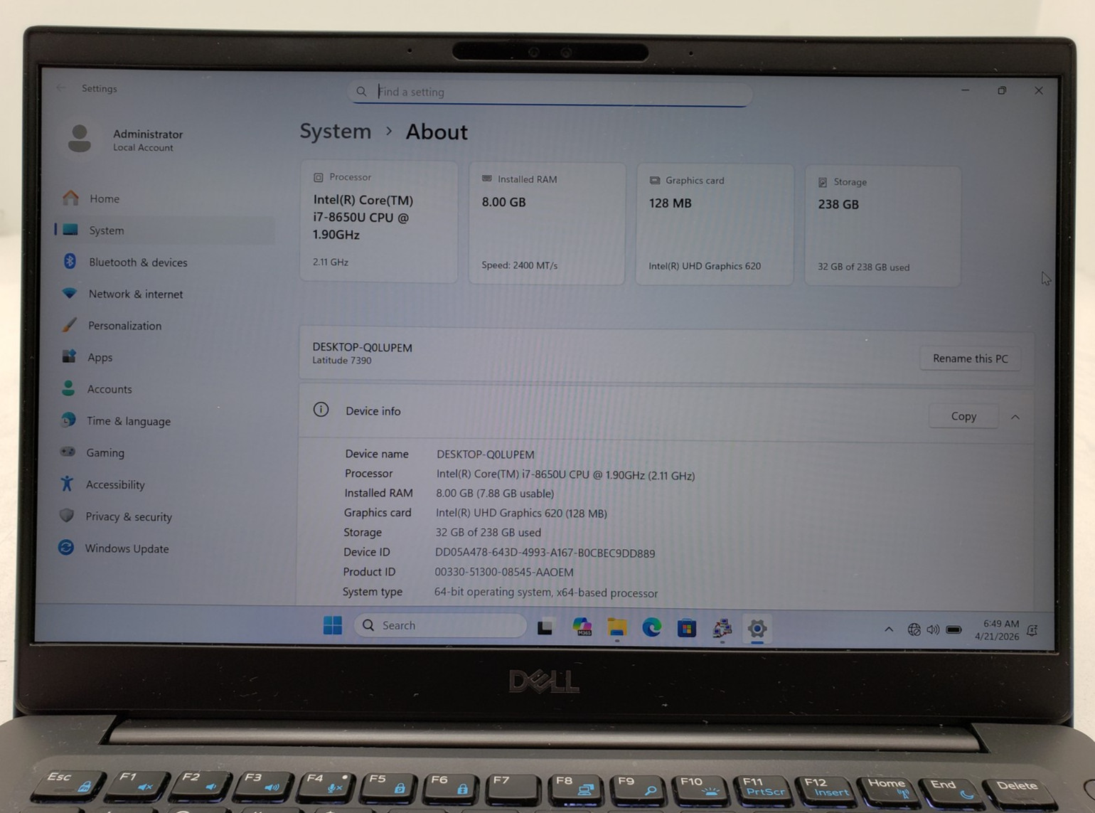 Dell Latitude 7390 i7-8650U 8GB RAM 256GB SSD 13.3″ Touch Laptop PC Win 11 Pro.