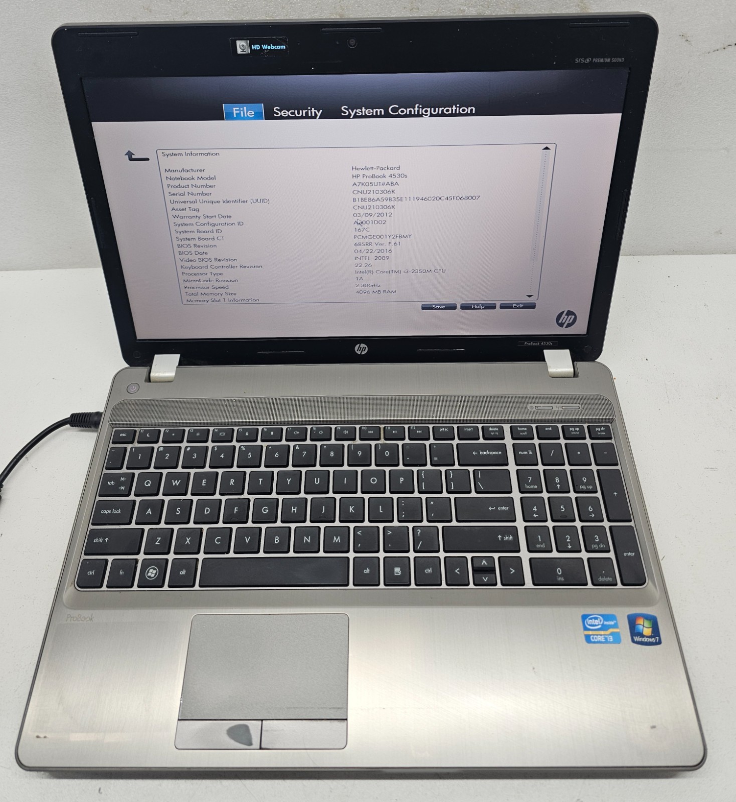 HP ProBook 4530s 15.6″ Laptop Intel Core i3-2350M 4GB Ram NO HD/OS (FL)