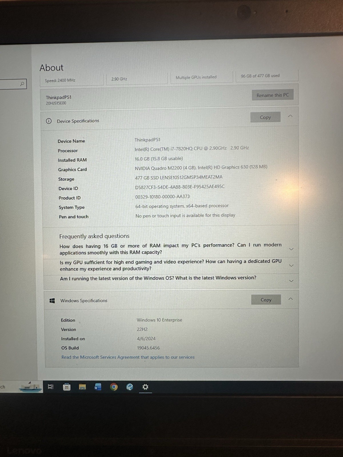 Lenovo ThinkPad P51 – 15.6in , 500GB SSD , 16GB RAM – Great Condition