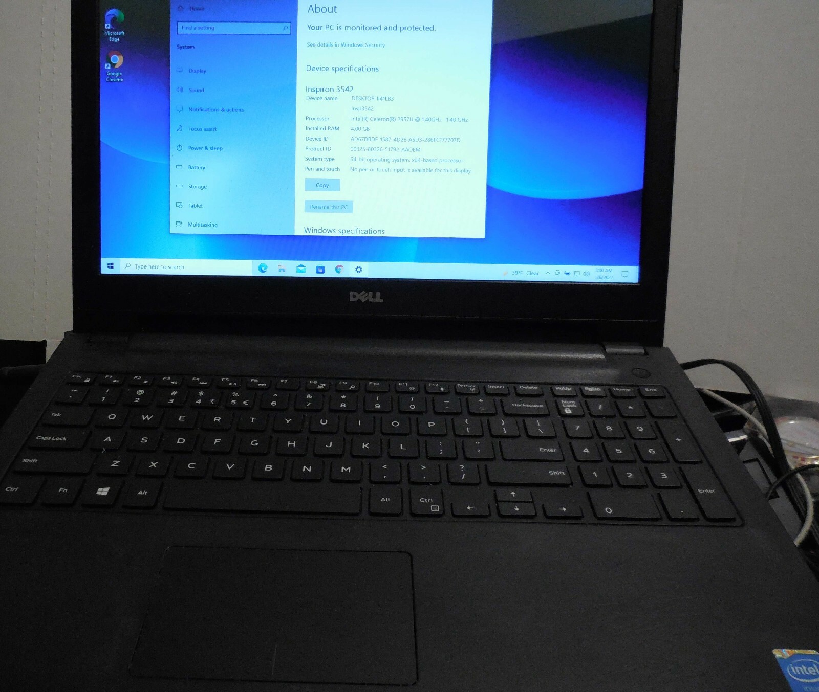 DELL INSPIRON 3542 INTEL 2957U @ 1.40GHZ 4GB RAM 160GB HDD 15.6″ WIN 10