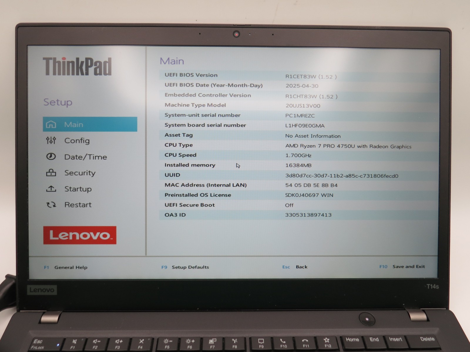 Lenovo ThinkPad T14s | 7PRO 4750U @ 1.7GHz | 16GB DDR4 | 256GB SSD | No OS