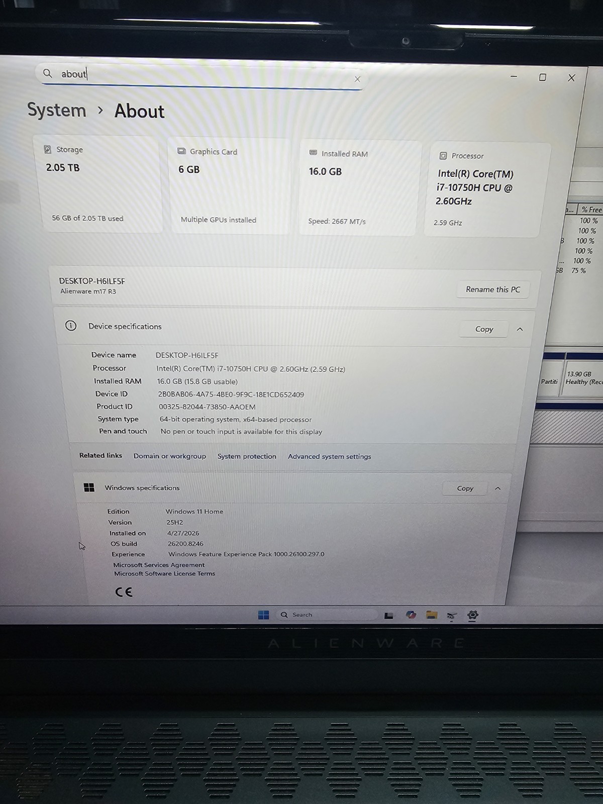 Alienware M17 R3 Laptop 17.3″ i7-10750H RTX 2070 16G Ram 970 EVO PLUS 2TB SSD