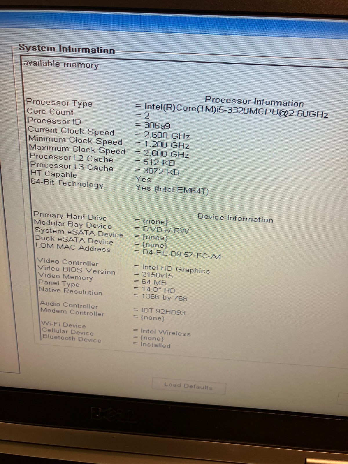 Dell Latitude E6430 i5-3320M 2.6GHz 4GB RAM No HDD/OS/Caddy FOR PARTS