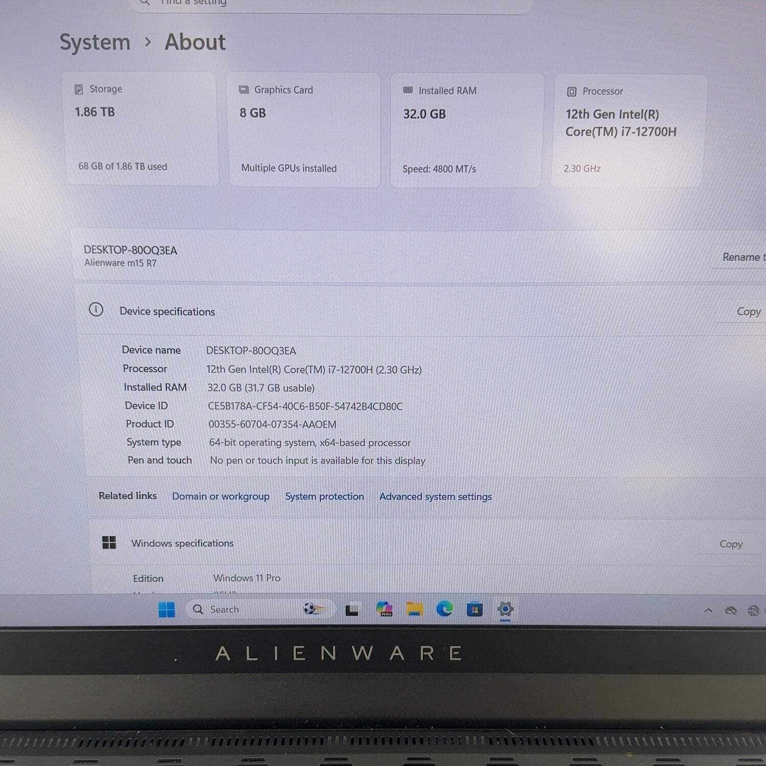 Alienware M15 R7 15.3″ i7-12700H 2.3GHz 32GB RAM 2TB SSD GeForce RTX 3070 Ti