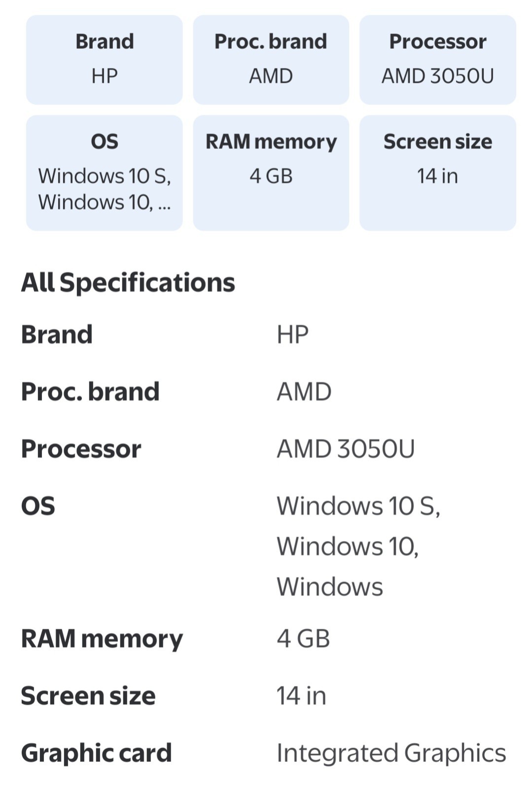 HP 14″ Laptop, AMD 3050U, 4GB RAM, 64GB SSD, Windows 10 S, Silver, 14-fq0045nr