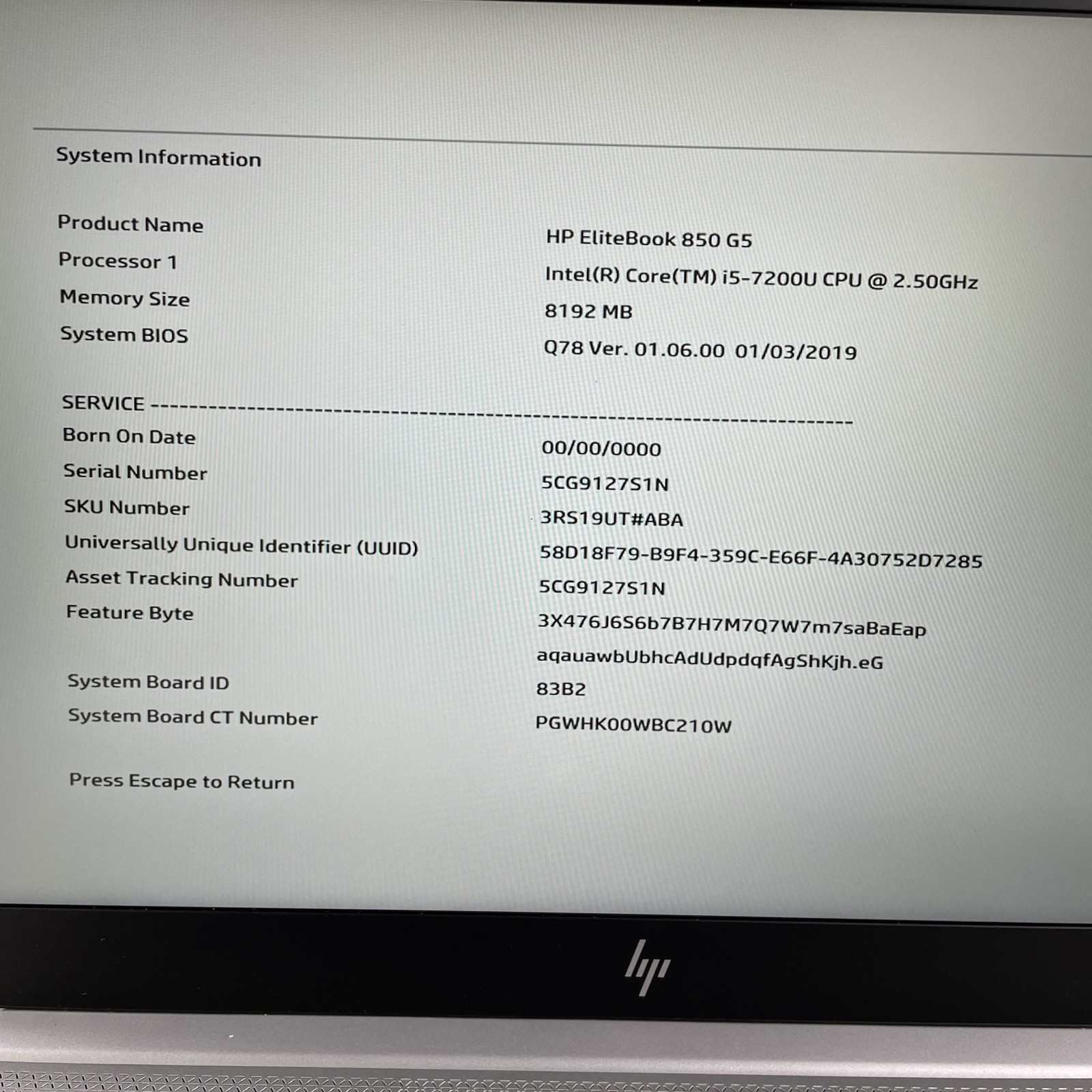 HP EliteBook 850 G5 15.6″ i5-7200U 2.50 GHz 8 GB RAM No SSD/OS/AC